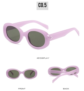 Three views of vintage oval lavender sunglasses with dark lenses and rivet details