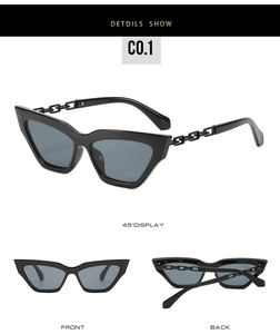 Three-view layout of black cat-eye sunglasses featuring unique chain temple design