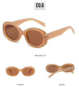 Three-way view of retro small oval sunglasses in beige frame with brown lenses