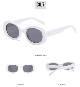 Three views of white oval sunglasses with dark lenses and gold decorative metal accents