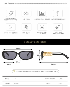 Detailed technical diagram of black square sunglasses with gold chain temples and dimensions