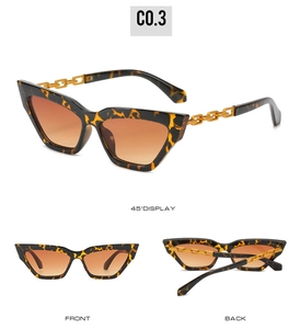 Detailed views of tortoise shell cat-eye sunglasses with gold metal chain temples