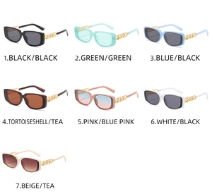 Rectangular sunglasses collection featuring thick frames and gold chain detail on temples