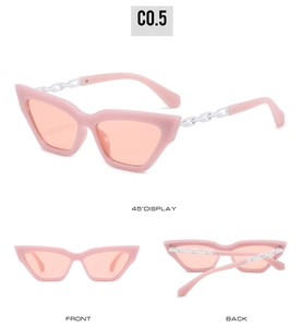Pink cat eye sunglasses for women with trendy white chain temple detail and glossy frame