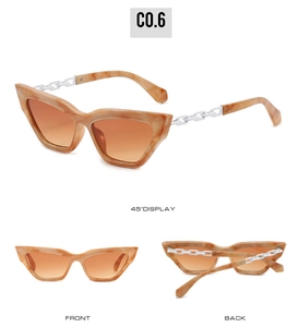Cat eye sunglasses with tortoise frame and silver metal chain detail in multiple views
