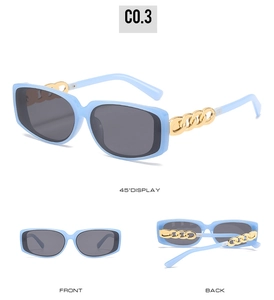 Three-angle view of light blue square sunglasses with gold chain link temple detail