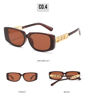 Three-angle views of tortoiseshell sunglasses with chunky gold chain detail on the temples
