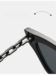 Close-up of durable metal hinge and black chain design temple on cat eye sunglasses