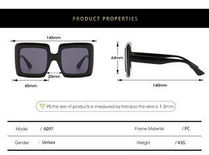 Detailed size chart for vintage square oversized sunglasses with PC frame measurements