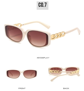Detailed views of cream rectangular sunglasses with gold chain temples and gradient lenses