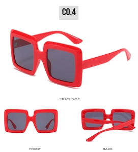 Three-view display of red oversized square sunglasses showing front, back, and 45-degree angles