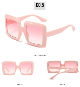 Detailed views of light pink oversized square sunglasses with gradient lenses from multiple angles