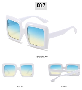 Multi-angle views of white oversized square sunglasses with blue-yellow gradient lenses