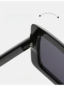 Detail of durable gold-tone metal hinge on glossy black square sunglasses frame