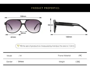 Detailed size chart for vintage pilot sunglasses showing 150mm frame width and PC specs