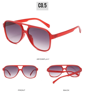 Three-angle display of red aviator sunglasses with gradient lenses and double bridge