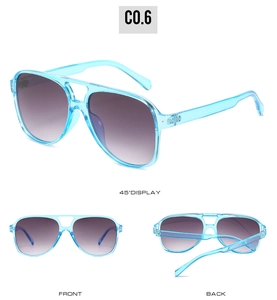 Three-angle view of retro pilot sunglasses with light blue frames and purple gradient lenses