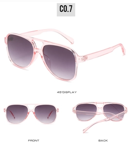 Detailed views of vintage aviator sunglasses in pink with gradient purple lenses