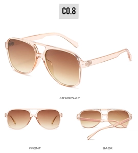 Multiple views of transparent pink pilot sunglasses with brown gradient lenses