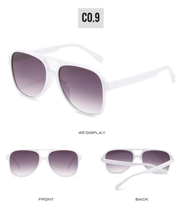 Three views of white aviator sunglasses featuring purple gradient lenses and frame detail
