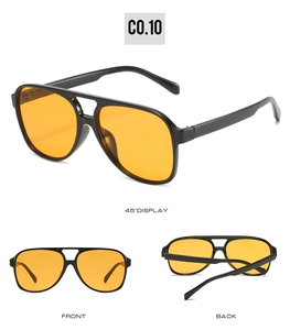 Three views of retro pilot sunglasses with black frame and yellow amber lenses