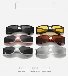 Flat lay of square athletic cycling sunglasses in black, yellow, pink, and tort colors