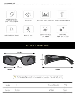 Size guide for square cycling sunglasses with UV400 protection and PC frame measurements