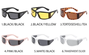 Grid display of square cycling sunglasses in six colors including black, yellow and pink