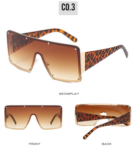 Detailansicht der quadratischen Shield-Sonnenbrille mit Schildpatt-Bügeln und Nieten