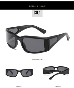 Three-angle view of black wrap-around cycling sunglasses with side window lenses