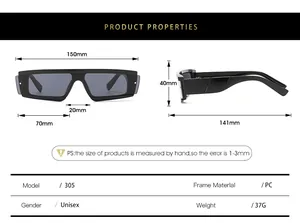 Tableau des tailles pour lunettes de soleil rectangulaires rétro avec dimensions et matériel