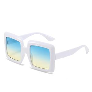 Oversized white square frame sunglasses with blue-yellow gradient lenses for women