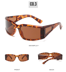 Three-view display of tortoise-shell rectangular cycling sunglasses with brown lenses