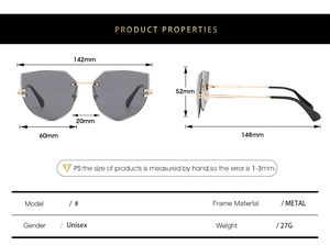 Detailed technical drawing of rimless cat-eye sunglasses with dimensions and 27g weight