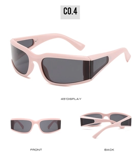 Three-way view of pink cycling sunglasses with dark lenses and aerodynamic frame