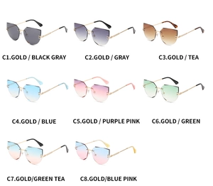Collage of rimless cat eye sunglasses in eight different gradient color lens options