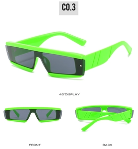 Trois vues de lunettes de soleil rectangulaires vert néon avec branches larges et verres