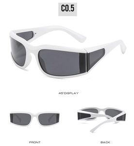 Three perspectives showing white frame sport sunglasses with dark grey lenses and wrap design