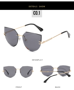 Three-angle views of rimless cat-eye sunglasses with grey lenses and gold metal temples