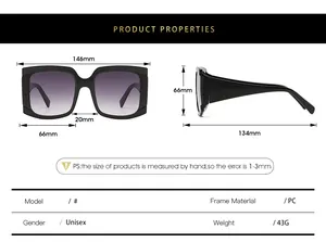 Tableau des tailles détaillé pour lunettes de soleil carrées avec dimensions et monture PC