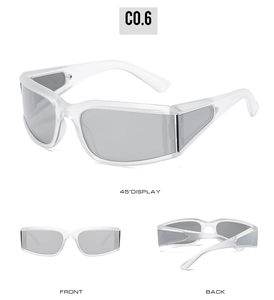 Three angles of white frosted cycling sunglasses showing front side and back views