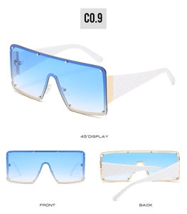 Detailansichten der quadratischen Oversize-Sonnenbrille mit blauen Verlaufsgläsern und weißen Bügeln