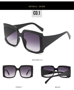 Trois vues de lunettes de soleil carrées noires surdimensionnées avec verres dégradés