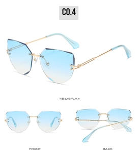 Three angles of rimless cat-eye sunglasses with blue-yellow gradient lenses and gold metal arms