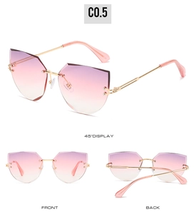 Three-way view of rimless cat eye sunglasses with pink gradient lenses and gold temples