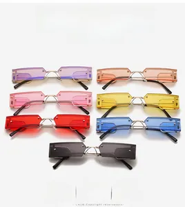 Flat lay display of colorful square rimless sunglasses in seven vibrant transparent tints