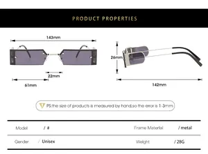 Detailed size chart for rectangular metal sunglasses with 143mm width and 26mm height