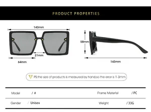 Detailed dimension chart for large square frame sunglasses showing frame and lens size