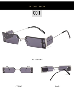Detail view of square metal semi-rimless sunglasses showing front and 45-degree angles