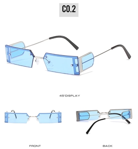 Multiple views showing silver metal semi-rimless frame and light blue rectangular lenses